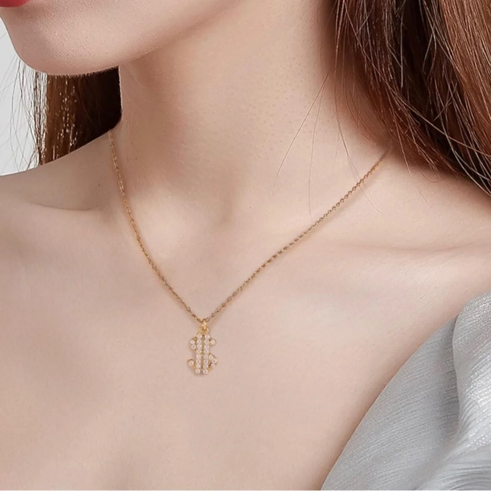 Cubic Zirconia Micro Pave + Gold Dollar Sign Fashion Necklace, 18 inches